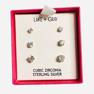 Lake + Gray NWT in box Sterling silver & Cubic zirconia 3 pair earrings stud set